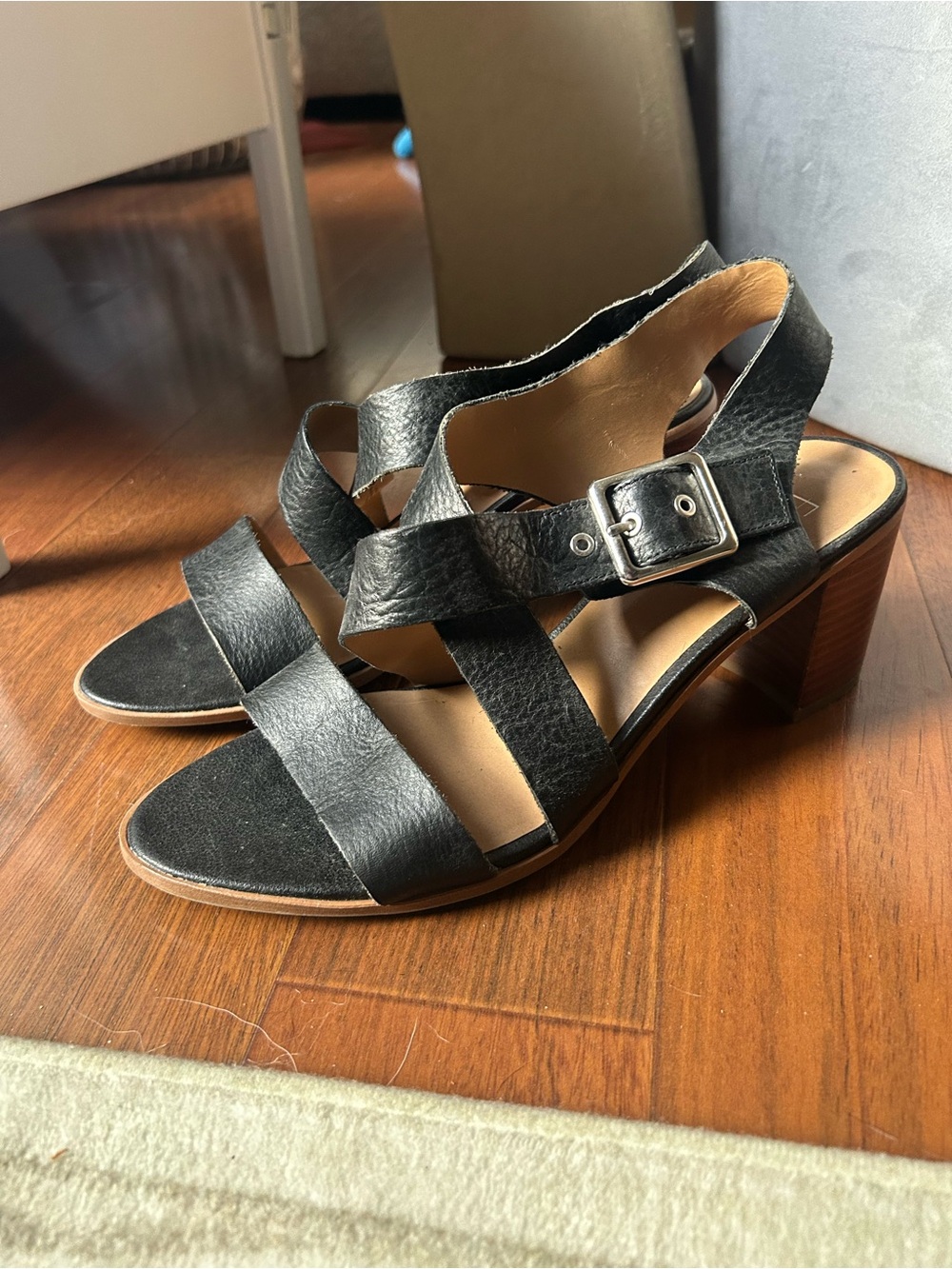 Franco Sarto Black Leather Strappy Block Heel Sandals